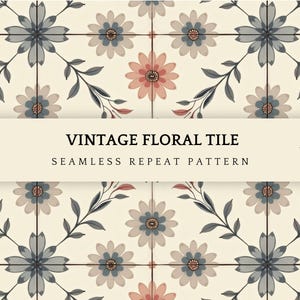 Peut inclure: Motif floral vintage sans couture. Le motif présente des fleurs stylisées bleues, pêche et crème, avec des feuilles gris foncé. Le texte "VINTAGE FLORAL TILE" est affiché sur une bannière crème.