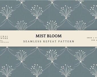 Mist Bloom Seamless Pattern, Soft Botanical Repeat, Blue Green Floral Digital Paper, 4800x4800 JPG