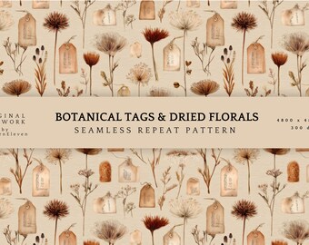 Garden Ephemera Seamless Pattern | Vintage Botanical Tags & Dried Florals | Heirloom Cottagecore Design