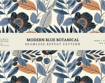 Blue Floral Seamless Pattern, Modern Botanical Print (Digital Download)