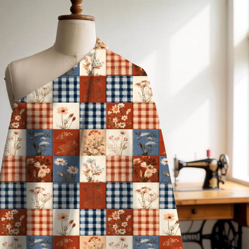 May include: A fabric swatch draped over a mannequin featuring a patchwork grid pattern. The design alternates between squares of blue and white gingham, red and white plaid, and cream squares printed with various botanical floral illustrations.