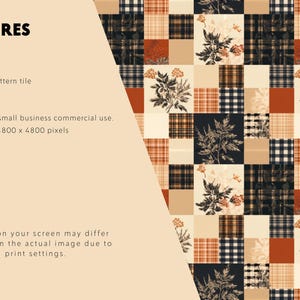 May include: A seamless pattern tile featuring a patchwork grid of squares in black, cream, and burnt orange. The design includes alternating blocks of plaid, solid colors, and botanical illustrations of wildflowers. Text includes FEATURES, 1 seamless pattern tile, 300 DPI, JPG format, and dimensions 4800 x 4800 pixels.