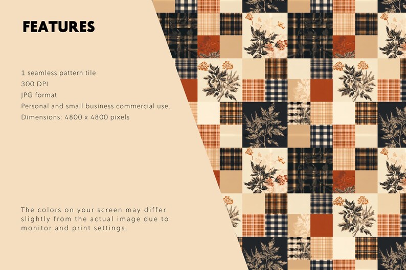 May include: A seamless pattern tile featuring a patchwork grid of squares in black, cream, and burnt orange. The design includes alternating blocks of plaid, solid colors, and botanical illustrations of wildflowers. Text includes FEATURES, 1 seamless pattern tile, 300 DPI, JPG format, and dimensions 4800 x 4800 pixels.