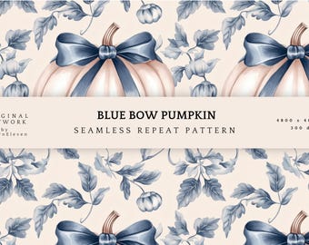 Blue Bow Pumpkin Seamless Pattern | Chinoiserie Fall Fabric Design (4800x4800px)