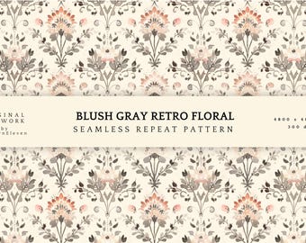 French Retro Floral Pattern, Blush Gray Wallpaper (Digital File)