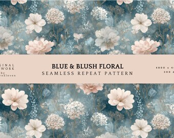 Vintage Blush Floral Seamless Pattern, Blue Green Wedding Paper (Digital Download)
