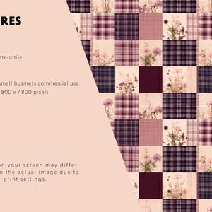 May include: A digital seamless pattern tile featuring a checkered grid of alternating dark purple plaid squares and light pink squares decorated with botanical floral illustrations. Text includes FEATURES, 1 seamless pattern tile, 300 DPI, JPG format, Personal and small business commercial use, Dimensions: 4800 x 4800 pixels, and a disclaimer about screen colors.