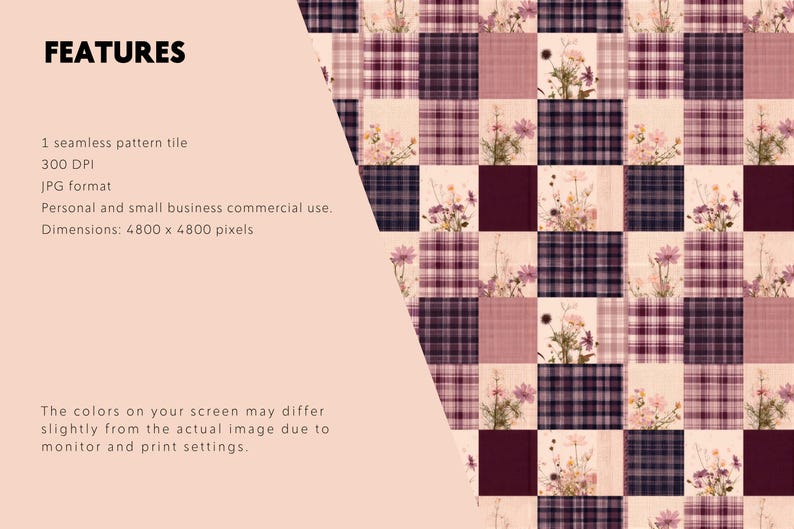 May include: A digital seamless pattern tile featuring a checkered grid of alternating dark purple plaid squares and light pink squares decorated with botanical floral illustrations. Text includes FEATURES, 1 seamless pattern tile, 300 DPI, JPG format, Personal and small business commercial use, Dimensions: 4800 x 4800 pixels, and a disclaimer about screen colors.