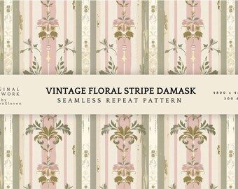 French Retro Stripe Damask Seamless Pattern | Vintage Parisian Floral Stripe | Spring Wallpaper & Fabric Design