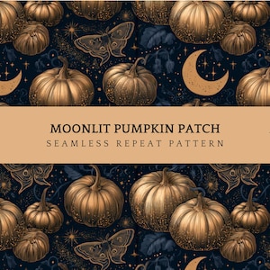 Moonlit Pumpkin Patch Seamless Pattern | Gothic Halloween Fabric | Navy Gold Celestial Pumpkin Digital Paper, Commercial Use