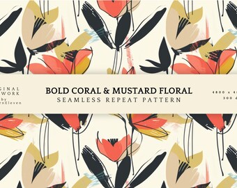 Modern Spring Floral Seamless Pattern | Abstract Botanical Repeat | Bold Coral, Mustard & Black | Digital Download