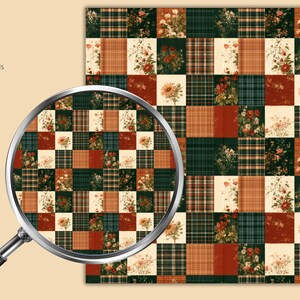 May include: A digital pattern featuring a grid of alternating squares. The design includes dark green and red plaid squares, solid deep red squares, and cream-colored squares decorated with detailed floral illustrations of various wildflowers.