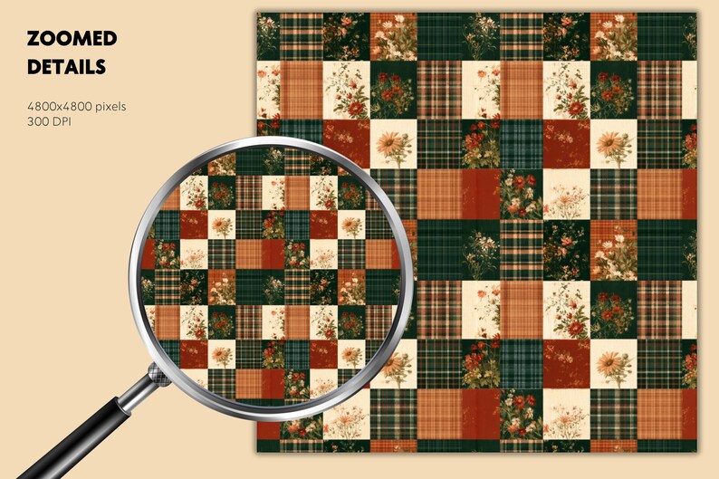 May include: A digital pattern featuring a grid of alternating squares. The design includes dark green and red plaid squares, solid deep red squares, and cream-colored squares decorated with detailed floral illustrations of various wildflowers.