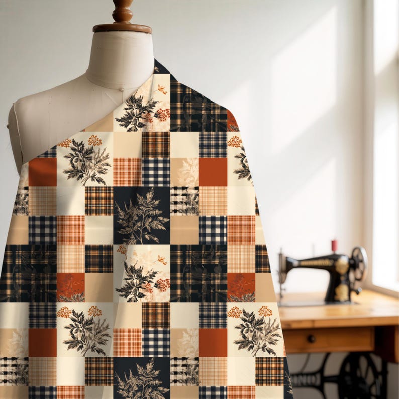 May include: A fabric swatch draped over a mannequin featuring a patchwork pattern of cream, burnt orange, and black squares. The design alternates between solid colors, plaid patterns, and detailed black botanical illustrations of leaves and berries.