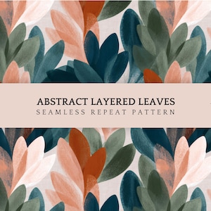 Puede incluir: Patrón abstracto de hojas superpuestas en tonos turquesa, coral y verde. El diseño presenta formas de hojas superpuestas sobre un fondo claro. El texto "ABSTRACT LAYERED LEAVES SEAMLESS REPEAT PATTERN" se muestra en una pancarta beige.