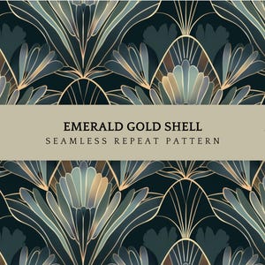 Puede incluir: Patrón repetitivo sin costuras titulado "Emerald Gold Shell" con fondo verde oscuro. El diseño presenta formas florales estilizadas en tonos turquesa, dorado y marrón. El texto "ORGINAL ARTWORK by Pattern Eleven" es visible.