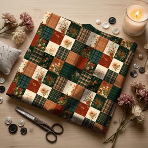 May include: A folded piece of fabric featuring a patchwork design of alternating squares. The pattern includes dark green plaid, solid burnt orange, and cream squares decorated with various floral illustrations of daisies and wildflowers.