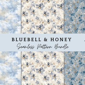 Bluebell & Honey Seamless Pattern Bundle | Blue Bee Floral Blender Fabric | Watercolor Digital Paper, Commercial Use