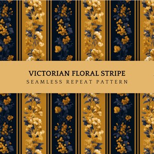 May include: A seamless repeat pattern featuring vertical stripes of mustard yellow and dark navy blue. The navy stripes contain floral illustrations in shades of yellow and gold. Text reads: ORIGINAL ARTWORK by PatternEleven VICTORIAN FLORAL STRIPE SEAMLESS REPEAT PATTERN 4800 x 4800 px 300 dpi.