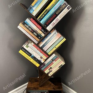 6 Tier Wooden Tree Bookshelf with Light | Book Organizer | Rustic Bookshelf | Narrow Bookcase | Book Stand | Book Holder