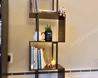 Multi Tier Wooden Bookshelf WIth Metal Stand | Rustic Bookshelf | Freestanding Shelf | Corner Bookshelf | Home Decor | Housewarming Gift