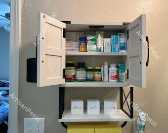Rustic Wooden Medicine Cabinet with Two Barn Door | Wall Mounted Cabinet With Adjustable Shelves and Towel Bar | Bathroom Organizer