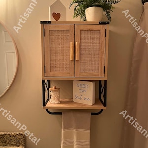 Rustic Wooden Medicine Cabinet with Two Barn Door | Wall Mounted Cabinet With Adjustable Shelves and Towel Bar | Bathroom Organizer