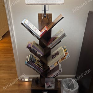 6 Tier Wooden Tree Bookshelf with Light | Book Organizer | Rustic Bookshelf | Narrow Bookcase | Book Stand | Book Holder