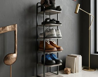 Wood & Metal Vertical Shoe Rack With 2 Hooks | Shoe Shelves | Shoe Organizer | Shoe Tower | Shoe Storage | Entryway Shoe Rack