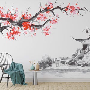 Sakura Ink Painting Wall Mural: Japanese Cherry Blossom Peel & Stick Wallpaper