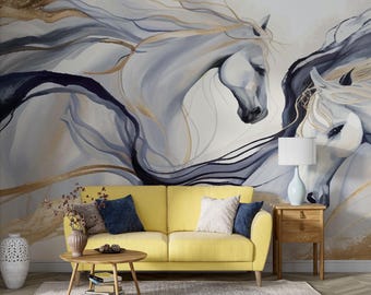 White Horses Wall Mural: Elegant Peel and Stick Wallpaper