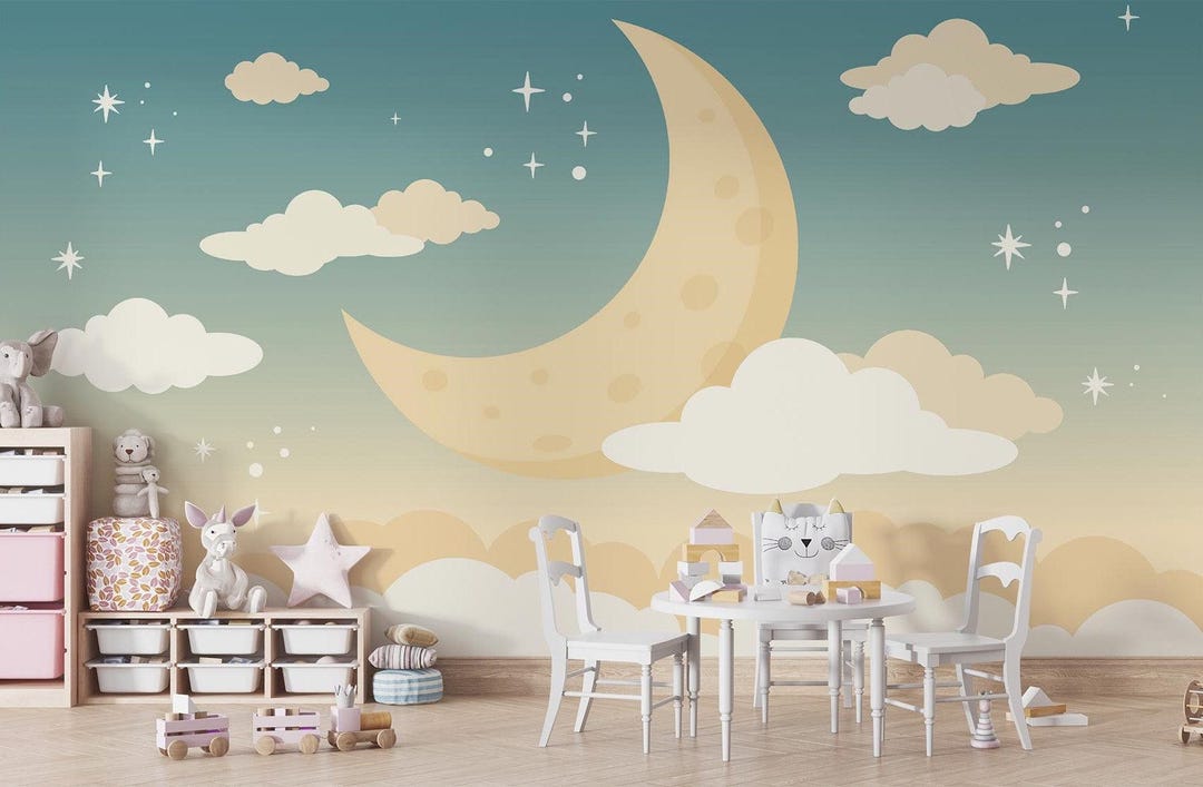 Dreamy Moon Wall Mural - Night Sky Nursery Wall Decor, Removable Peel ...