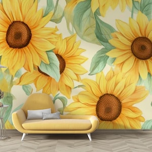 Watercolor Sunflower Wall Mural | Removable Floral Wallpaper