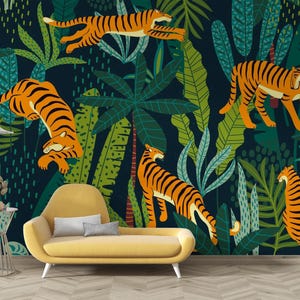 Tiger Wall Mural | Tropical bedroom and living room wall decor, washable peel and stick wallpaper
