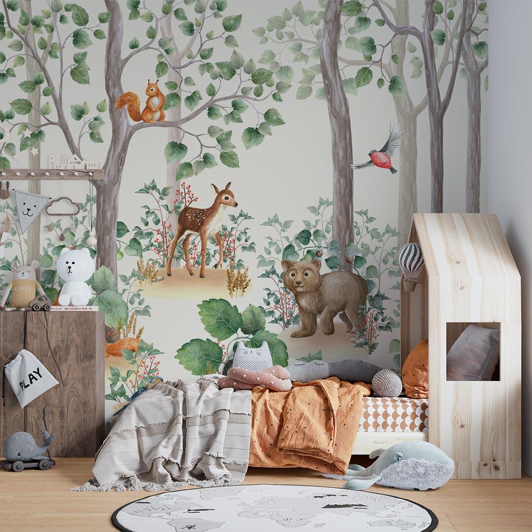 Woodland Animals Nursery Mural | Watercolor Forest Wallpaper - Etsy