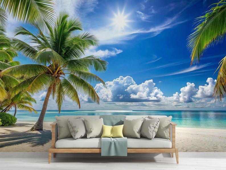 Tropical Beach Palm Tree Wall Mural - Peel and Stick Wallpaper - Etsy