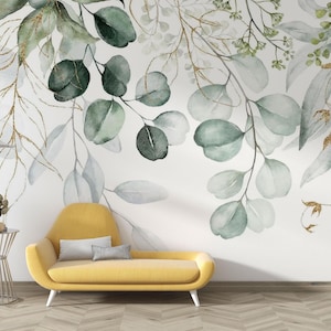 Watercolour Leaves Wall Mural | Gold botanical wall decor for living room and bedroom, removable peel and stick wallpaper