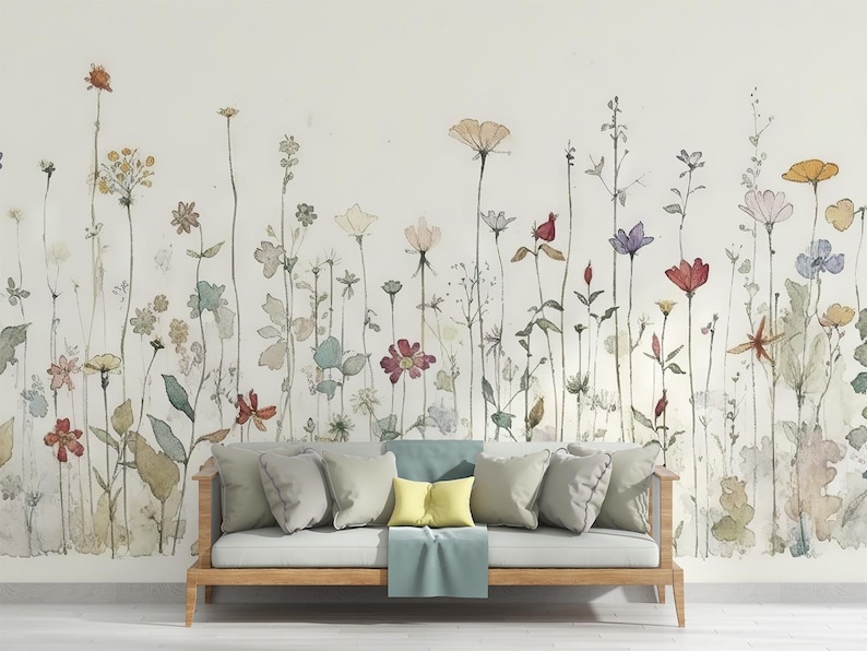 Watercolour Wildflowers Wall Mural | Floral Bedroom and Living Room ...