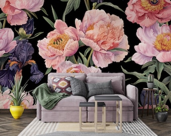 Dark Moody Floral Wallpaper | Botanical Wall Mural, Oversized  Peel and Stick Room Decor