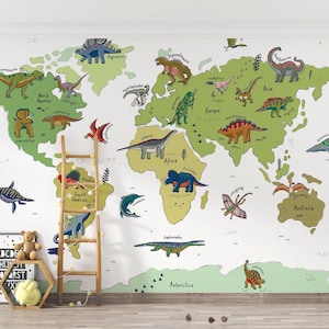 Weltkarte Wandbild - Dinosaurier Weltkarte Wanddekor für Kinderzimmer und Spielzimmer, abnehmbare Tapete zum Abziehen und Aufkleben