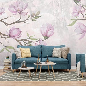 Elegant Pink Magnolia Wall Mural – flower inspired wall décor for bedroom and living room, peel-and-stick wallpaper