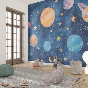 Carta da parati murale con pianeta acquerello – Decorazione murale spaziale per la camera dei bambini e la sala giochi, carta da parati rimovibile e adesiva.