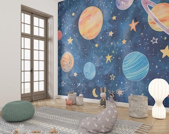 Watercolor Planet Wall Mural – Space wall decor for kid&#39;s bedroom and playroom, removable peel-and-stick wallpaper