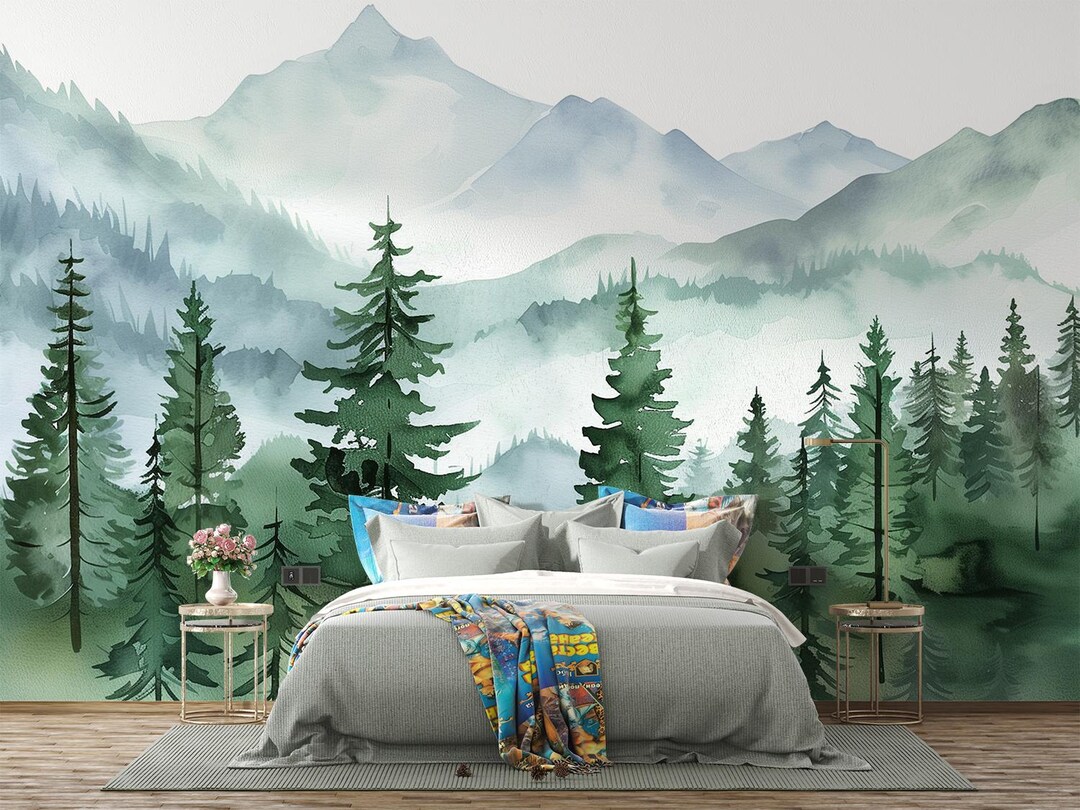Watercolor Pine Forest Wall Mural | Peel and Stick Wallpaper - Etsy
