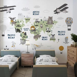 Skandinavische Weltkarte Wandbild | Niedliche Tier Tapete für Baby- und Spielzimmer, als abnehmbare Tapete