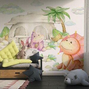 Watercolour little dinosaurs wall mural | Kids Room Or Nursery Wall Decor, Custom Peel And Stick Wallpaper