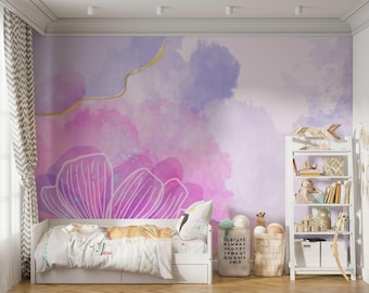 Abstract Floral Peel and Stick Wallpaper | Purple Nursery Mural