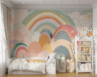 Boho Rainbow Wallpaper Mural – Dreamy colorful wall decor for kid&#39;s room or nursery, peel and stick wallmural