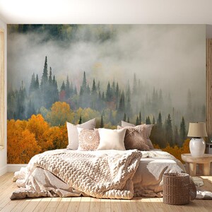 Autumn Mist Wall Mural – Forest landscape wall decor for bedroom and living room, removable peel and stick wallpaper