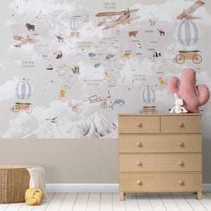 Tiere Weltkarte Tapete Wandbild - Lern- und Abenteuer inspirierte Kinderdekor | Wandbild schälen und aufkleben